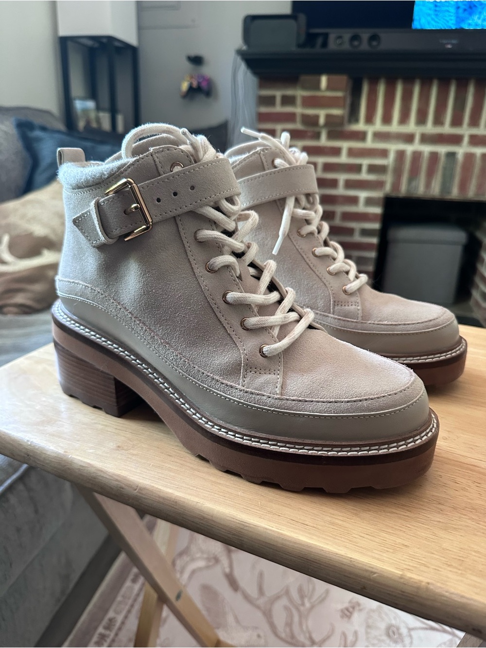 Cole Haan Taupe Suede Lace-Up Platform Ankle Boots